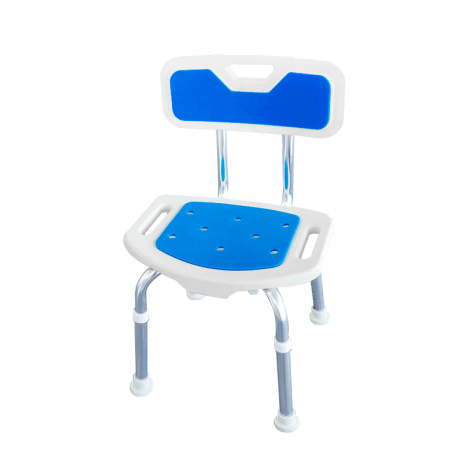 Silla de ducha azul con respaldo